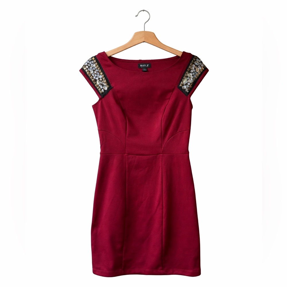 Allen B by Allen Schwartz Burgundy Embellished Shoulder Mini Dress Small Y2K